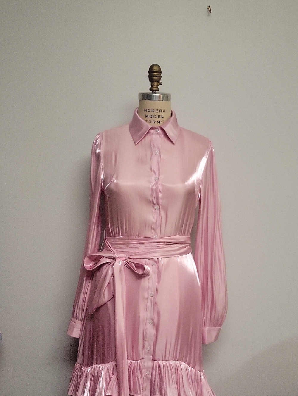 The Ally B Collab Shiny Pink Satin Button-Front Dress with Waist Tie